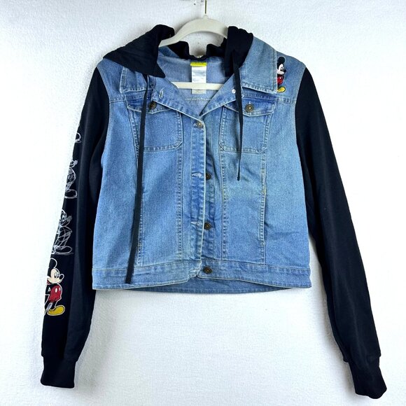 Disney Denim Jacket Kids Size 10/12 Jeans Hooded Mickey Mouse Character - Picture 1 of 11